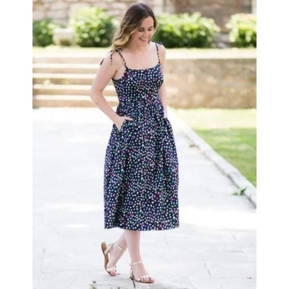J.Crew Dot Print Cotton Midi Sun Dress 00 Tie Straps Navy Ratti Happy Cat F1960